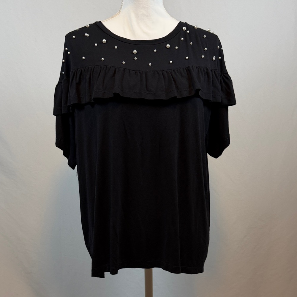 Black Ruffled Top with Pearl Accents Size XL